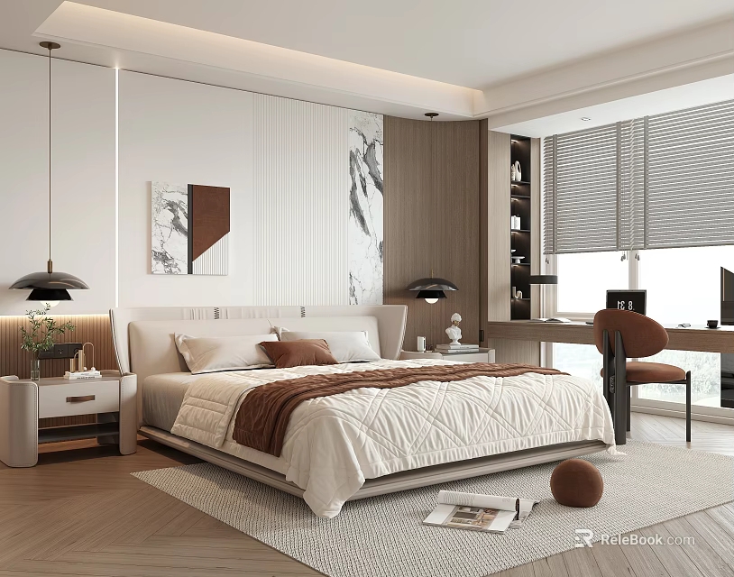 Modern Bedroom Interior With Bed Nightstands Decorative Artwork Desk Chair Blinds Rug And Potted Plant 3d model 