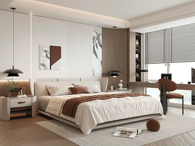 Modern Bedroom Interior With Bed Nightstands Decorative Artwork Desk Chair Blinds Rug And Potted Plant 3d model