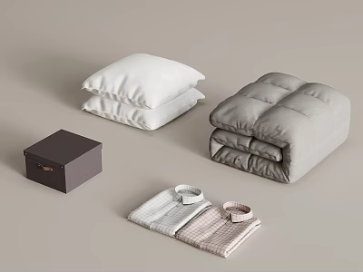 Cozy Bedding And Clothing Essentials With White Pillows Gray Quilt Dark Box And Folded Shirts 3d model