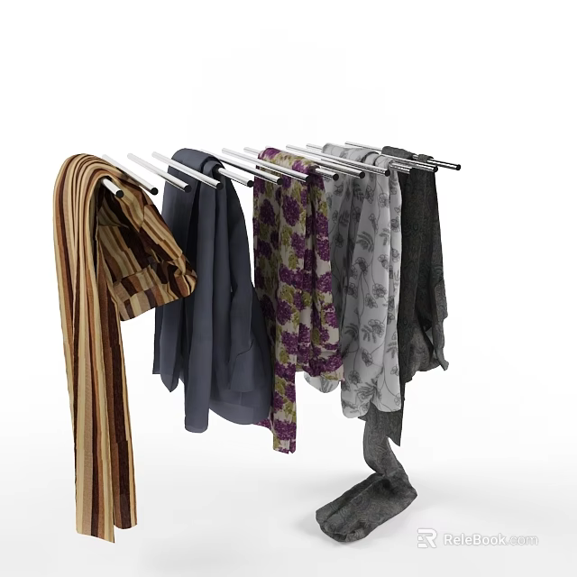 Various Stylish Clothes Hanging on Metal Rack with Striped Purple Floral Gray and Dark Designs 3d model 