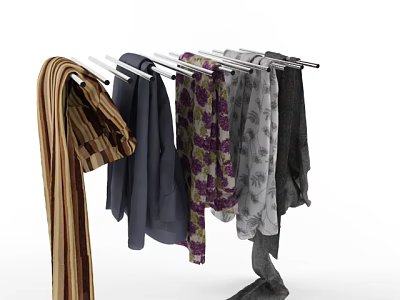 Various Stylish Clothes Hanging on Metal Rack with Striped Purple Floral Gray and Dark Designs 3d model