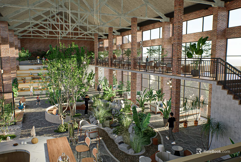 Café Interior with Red Brick Walls Wooden Roof Abundant Plants and Two Story Open Space 3d model 