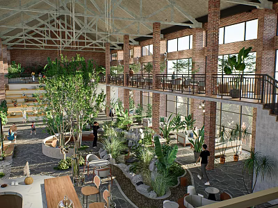 Café Interior with Red Brick Walls Wooden Roof Abundant Plants and Two Story Open Space 3d model
