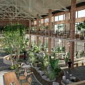 Café Interior with Red Brick Walls Wooden Roof Abundant Plants and Two Story Open Space