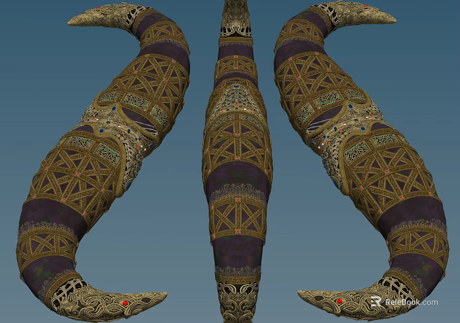 Three Curved Garden Ornaments With Intricate Patterns And Gold Purple Details 3d model 