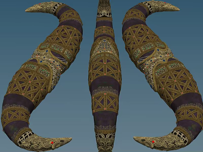 Three Curved Garden Ornaments With Intricate Patterns And Gold Purple Details 3d model