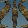 Three Curved Garden Ornaments With Intricate Patterns And Gold Purple Details