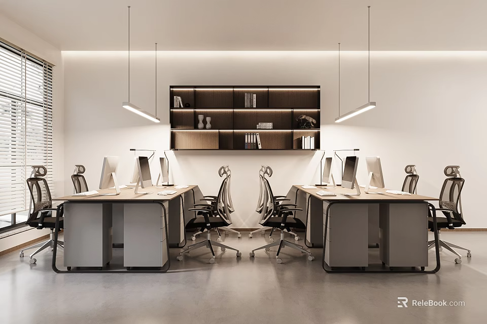 Modern Public Office Space Interior with Desks Computers Ergonomic Chairs Bookshelf and Pendant Lights 3d model 