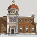Historic Building Featuring Dome with Cross Red Bricks White Accents Bell Towers Arched Doorway Steps