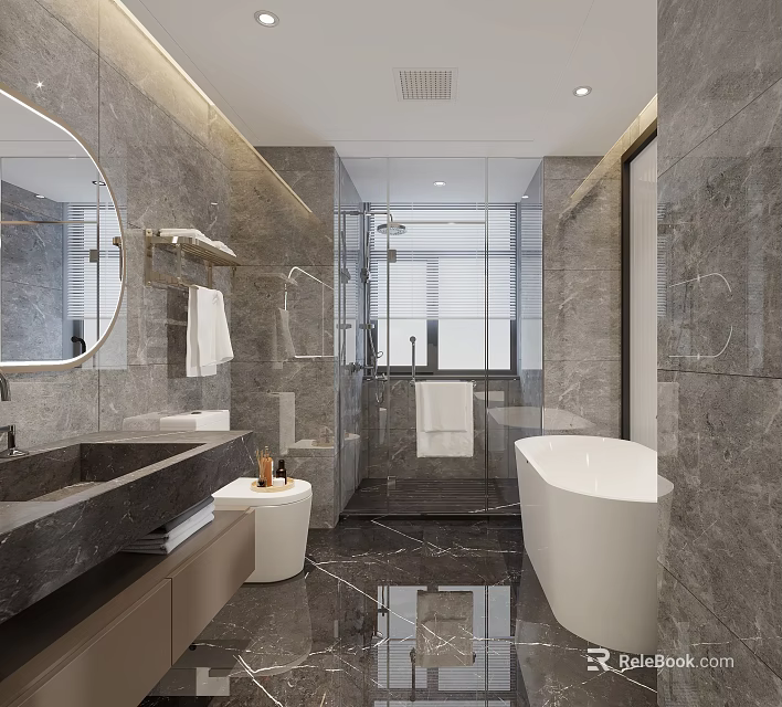 Hotel Bathroom Interior Design With Marble Walls White Bathtub And Glass Shower 3d model 