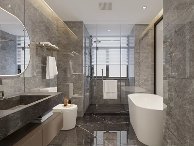 Hotel Bathroom Interior Design With Marble Walls White Bathtub And Glass Shower 3d model