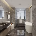 Hotel Bathroom Interior Design With Marble Walls White Bathtub And Glass Shower