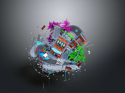 Abstract Miniature Landscape Inside Sphere with Colorful Buildings Trees and Roads 3d model