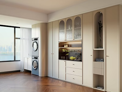 Modern Wine Cabinet Interior Design With Glass Doors And Wooden Storage Shelves 3d model