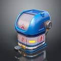 Blue Futuristic Device With Transparent Top Red Symbol And Yellow Accents On Metallic Base