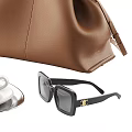 Brown Leather Handbag With Coffee Cup Water Glass Tray And Sunglasses