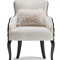 White Upholstered Accent Chair With Black Ornate Scroll Design Curved Legs And Fluffy Pillow