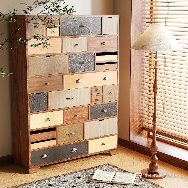 Modern Home Storage Cabinet With Multi Colored Wooden Drawers And Metal Handles 3d model 