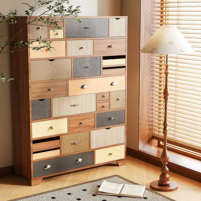 Modern Home Storage Cabinet With Multi Colored Wooden Drawers And Metal Handles 3d model