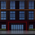 Multi Story Red Facade Community Service Center Building With Front Square And Flag