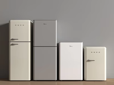 Modern Refrigerators in Stylish Designs and Different Colors Arranged on Wooden Floor with Grey Wall 3d model