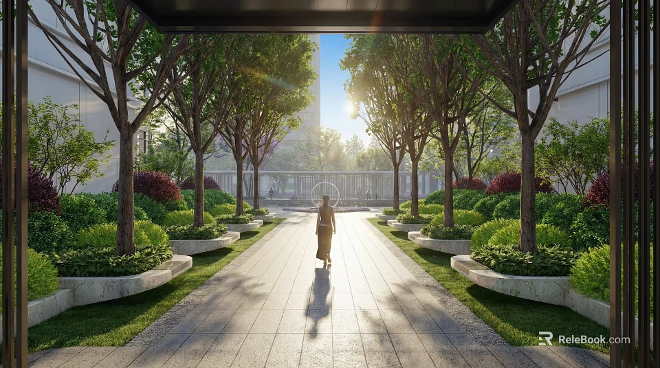 Serene Garden Landscape with Stone Path Lined by Trees Planters Sunlight and Person Walking 3d model 