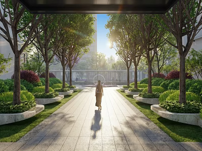 Serene Garden Landscape with Stone Path Lined by Trees Planters Sunlight and Person Walking 3d model