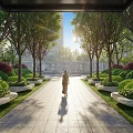 Serene Garden Landscape with Stone Path Lined by Trees Planters Sunlight and Person Walking