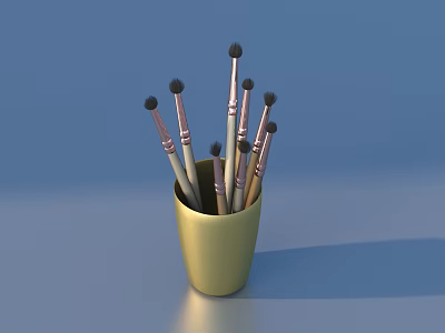 Household Supplies Yellow Cup Containing Paintbrushes With Metal Handles And Bristles 3d model