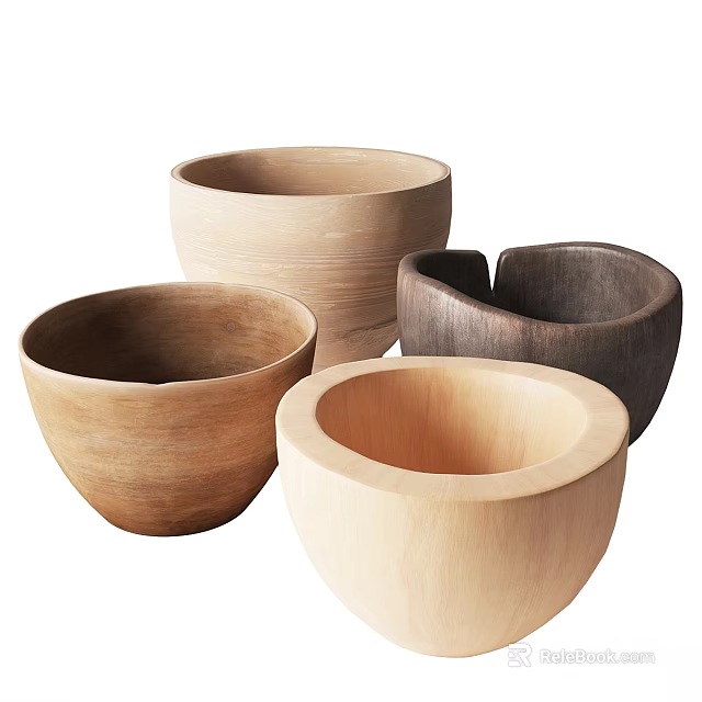 Set of Handmade Wooden Bowls Featuring Varied Wood Colors And Shapes 3d model 
