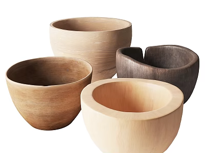Set of Handmade Wooden Bowls Featuring Varied Wood Colors And Shapes 3d model