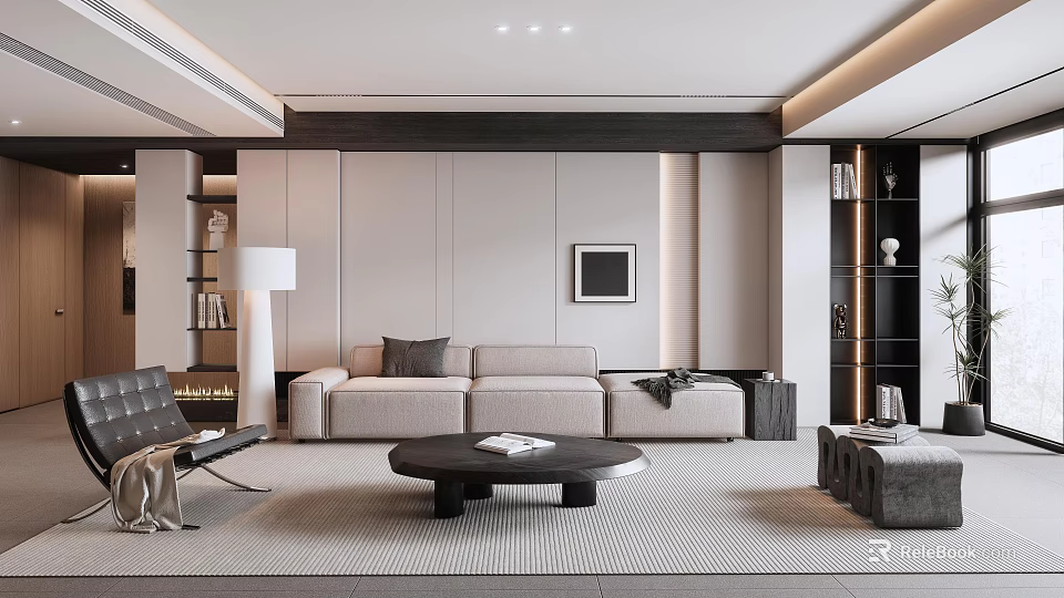 Modern Living Room Interior Design With Beige Sofa Black Coffee Table And Accent Chair 3d model 