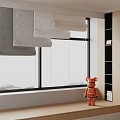 Gray and White Window Blinds in Modern Interior with Red Bear Toy and Shelf