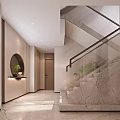Modern Entrance Hall With Staircase Green Plant Marble Floor And Wooden Doors