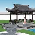 Traditional Chinese Style Pavilion Garden Scene With Stone Steps Green Plants And Flowers