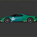 Green Sports Car With White Stripes Rear Spoiler And Blue Alloy Wheels