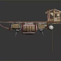 Wooden Boat Structure With Red Brown Planked Deck And Sloped Roof Cabin