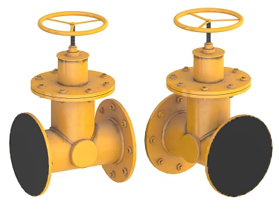 Two Yellow Industrial Valves With Handwheels And Black Circular Flanges 3d model