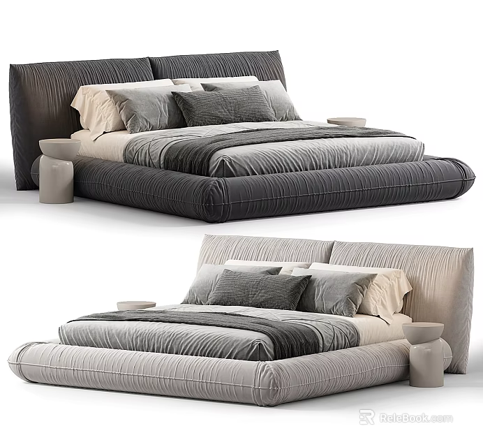Gray and Beige Upholstered Double Bed with Soft Pillows and Side Tables 3d model 