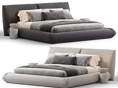 Gray and Beige Upholstered Double Bed with Soft Pillows and Side Tables 3d model