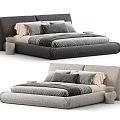 Gray and Beige Upholstered Double Bed with Soft Pillows and Side Tables