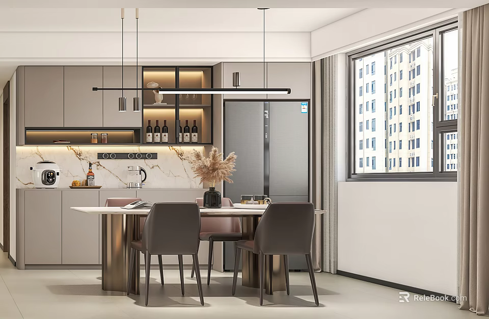Elegant Luxury Dining Room With Modern Table Chairs And Pendant Lights 3d model 