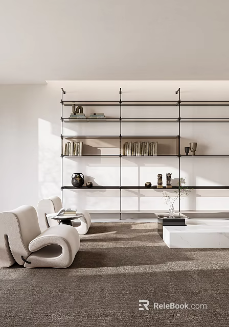 Modern Bookshelf Interior Design with Shelves Books and Decorations in Living Room 3d model 