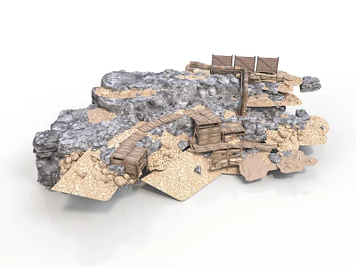 Miniature Rocky Sandy Terrain With Wooden Bridge And Small Hut Structures 3d model