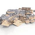 Miniature Rocky Sandy Terrain With Wooden Bridge And Small Hut Structures