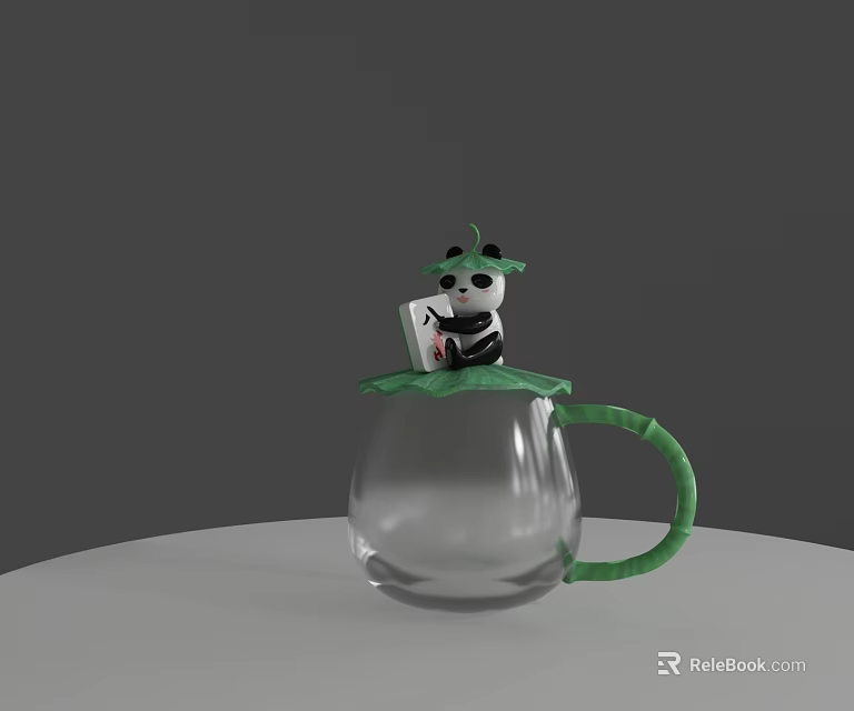 Transparent Glass Cup With Green Handle And Panda Doll Holding Small Box 3d model 