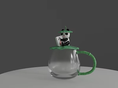 Transparent Glass Cup With Green Handle And Panda Doll Holding Small Box 3d model