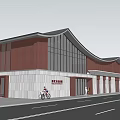 Modern Traditional Tourist Center With Curved Roof Large Glass Windows And Red White Exterior