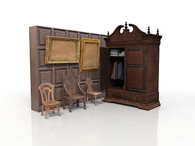 Architectural Interior With Dark Wooden Paneling Golden Framed Paintings Carved Armoire And Wooden Chairs 3d model