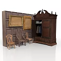 Architectural Interior With Dark Wooden Paneling Golden Framed Paintings Carved Armoire And Wooden Chairs